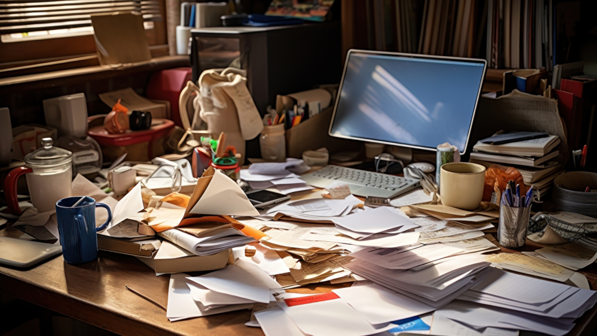 Aufgeräumter Schreibtisch dank digitaler Archivierung mit Laptop mittig und Pflanze auf der linken Seite